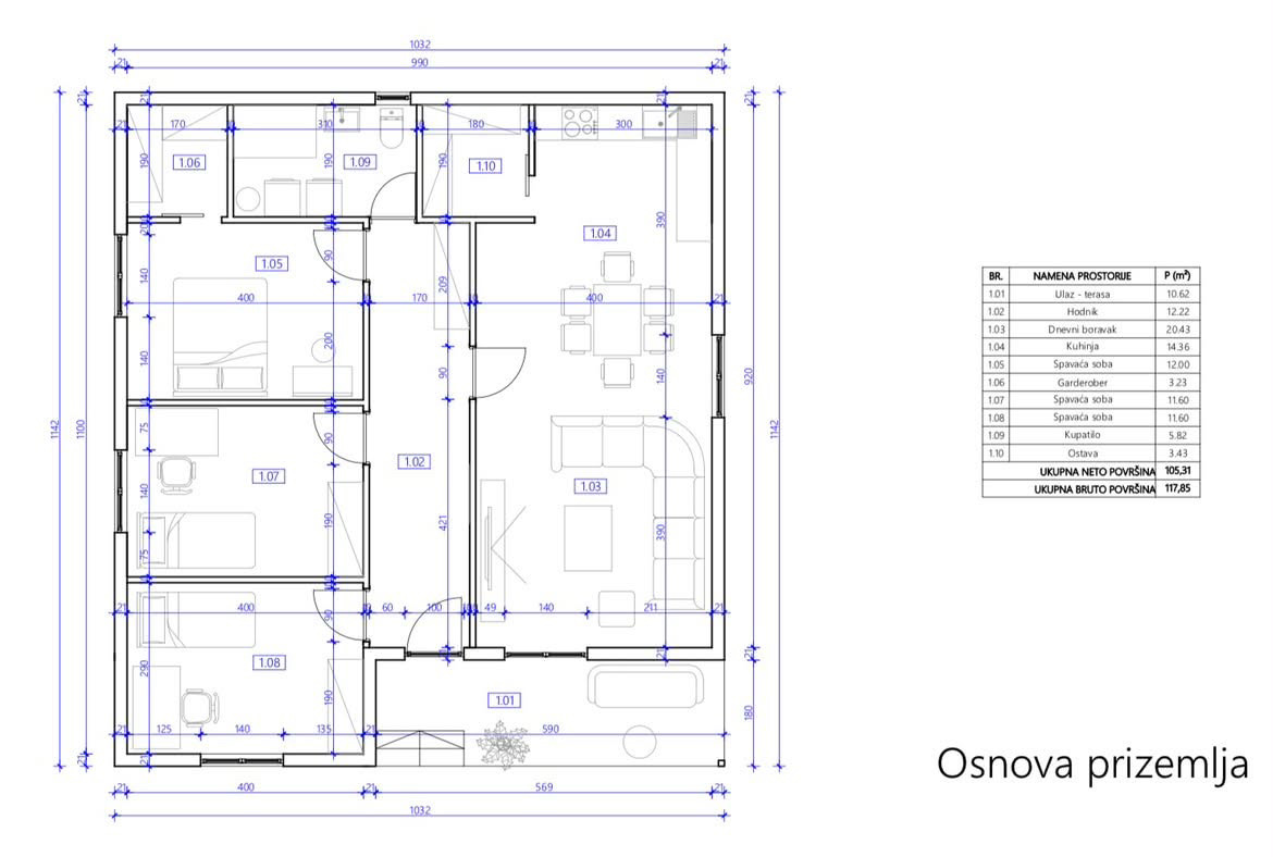Tlocrt i osnova prizemlja NIKA PREMIUM 117 m² montažne kuće